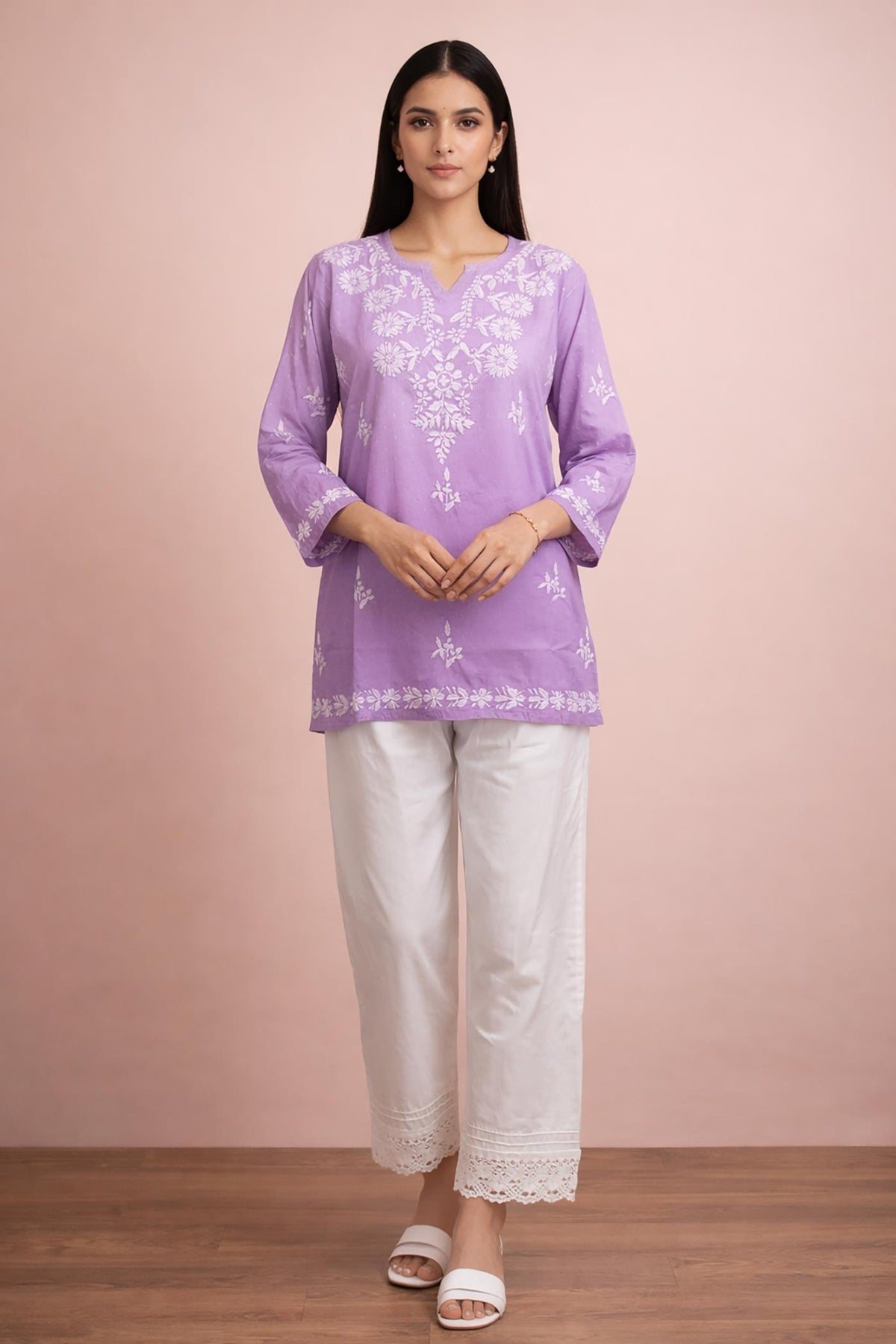 SN254 women’s lavender cotton embroidered kurti front pose with three-quarter sleeves and notched V-neck design.