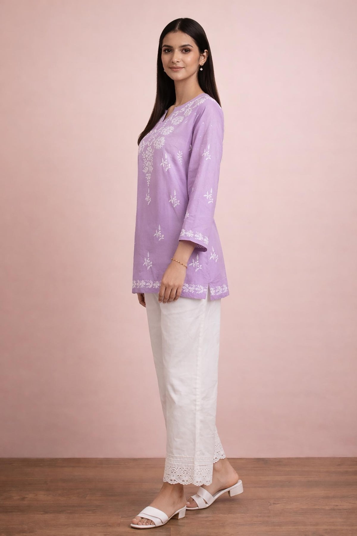 SN254 women’s lavender cotton embroidered kurti side pose with three-quarter sleeves and straight silhouette.