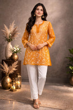 SN257 women’s mustard georgette chikankari kurti front pose with floral embroidery and three-quarter sleeves