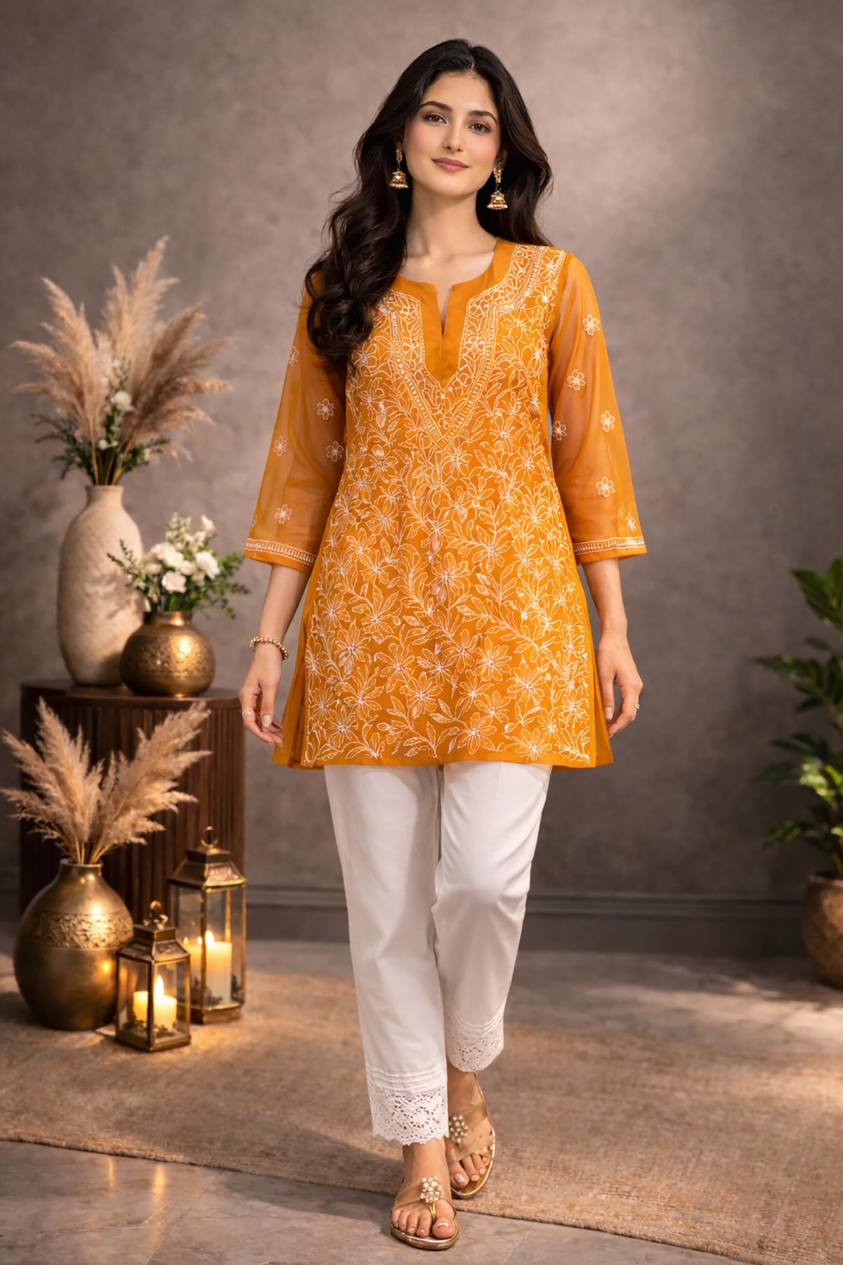 SN257 women’s mustard georgette chikankari kurti walking pose with floral embroidery and flowy silhouette