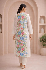 SN258 women’s ivory cotton kurta pant set back pose with long sleeves and straight silhouette