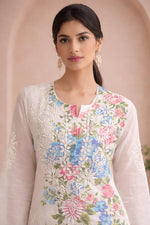 SN258 women’s ivory cotton kurta closeup showing long sleeves, notch neckline and white thread embroidery