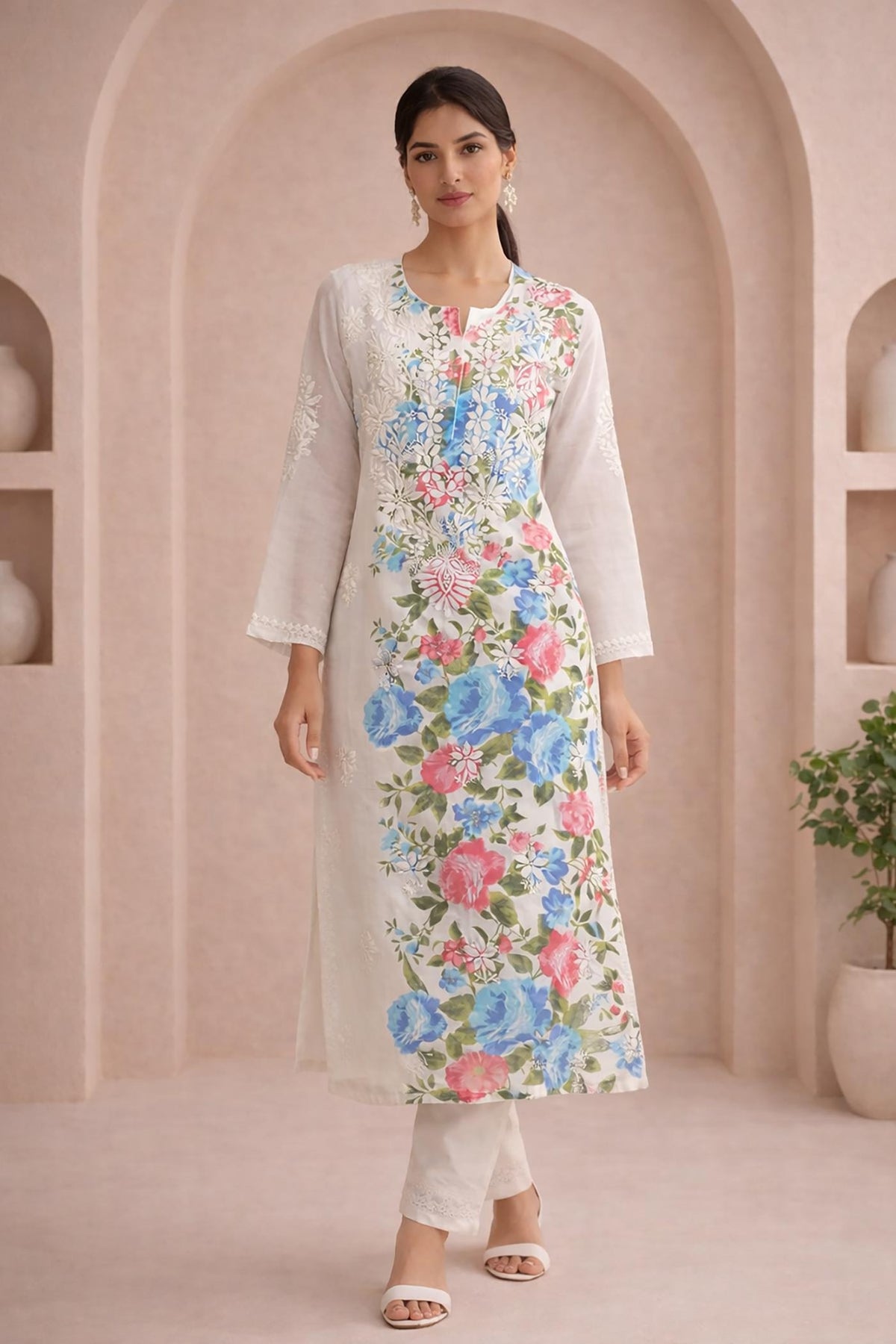 SN258 women’s ivory cotton kurta pant set front pose with long sleeves and notch neckline floral embroidery