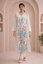 SN258 women’s ivory cotton kurta pant set front pose with long sleeves and notch neckline floral embroidery