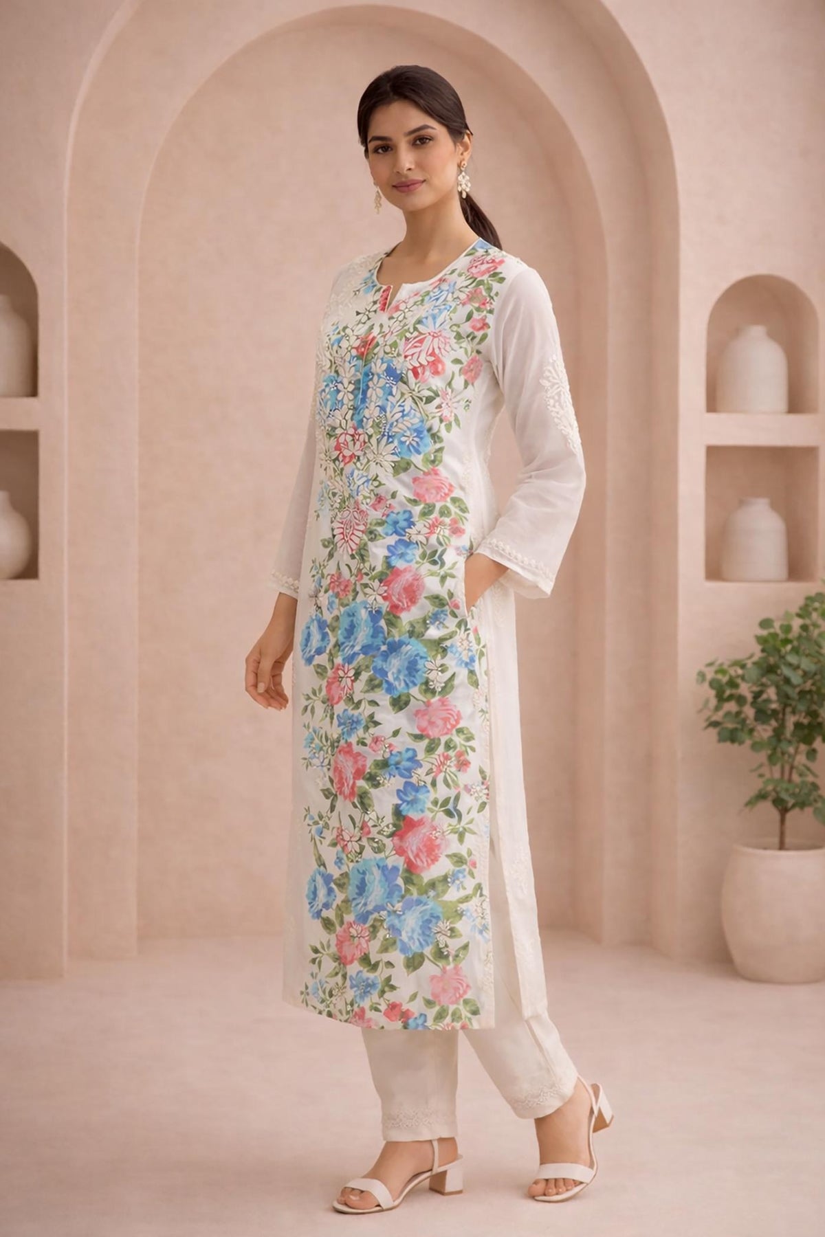 SN258 women’s ivory cotton kurta pant set side pose with straight fit, long sleeves and floral embroidery