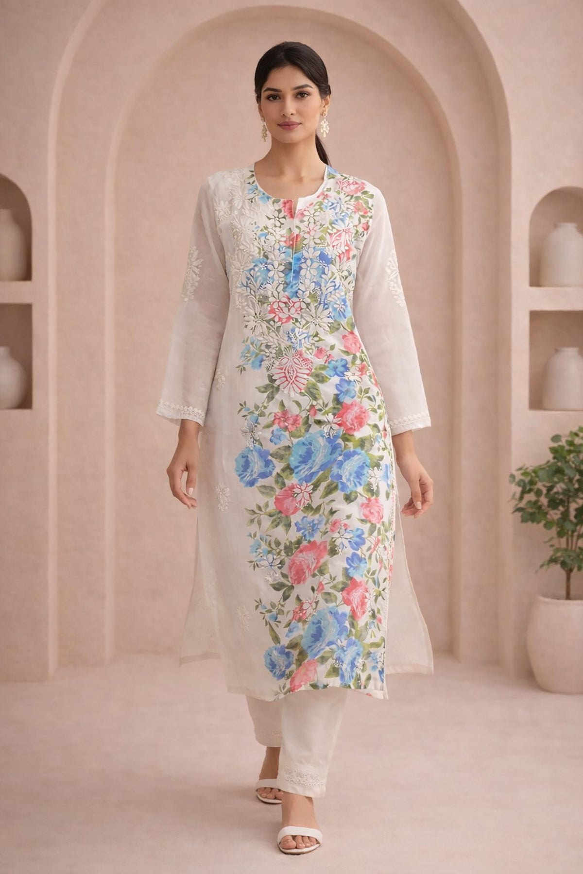 SN258 women’s ivory cotton kurta pant set walking pose with long sleeves and floral embroidered detailing