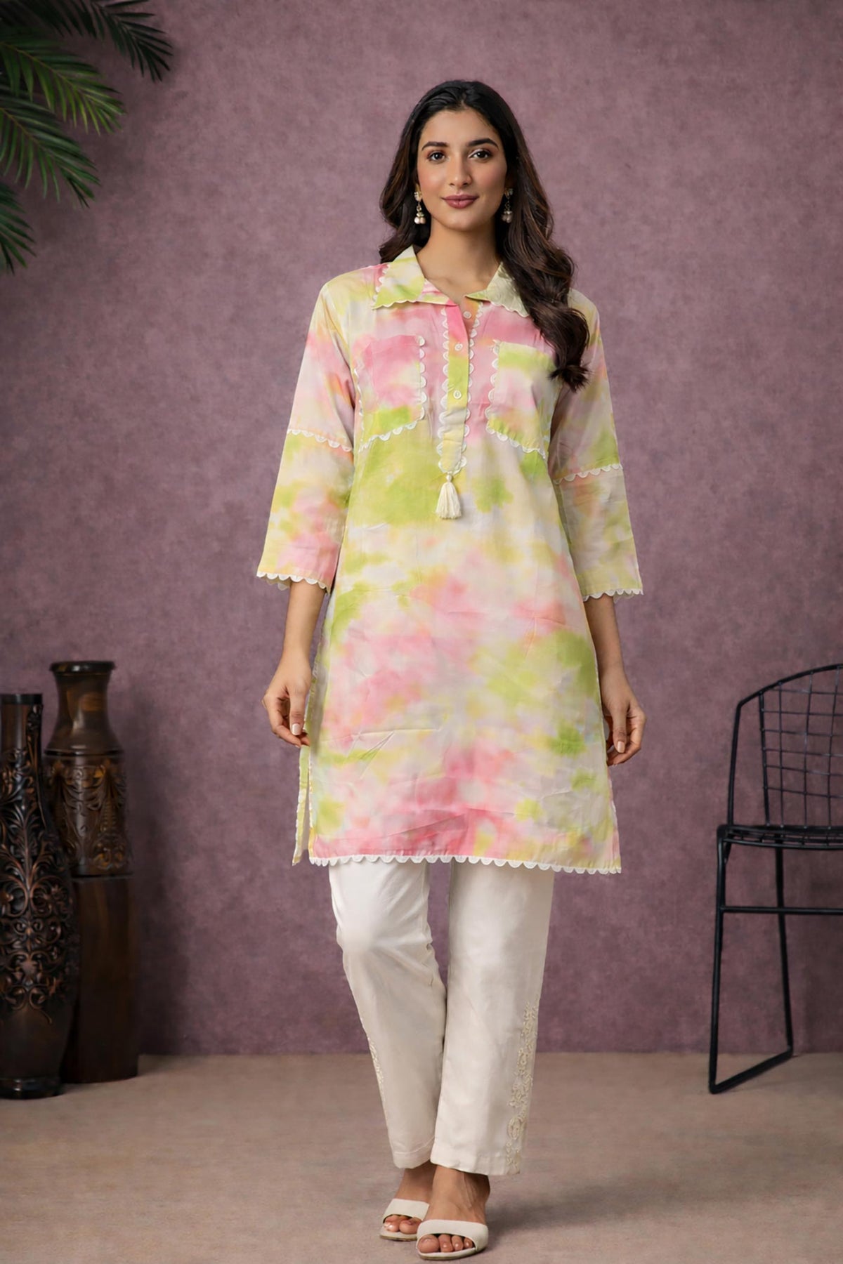 SN259 women’s pastel cotton blend kurta pant set front pose with shirt collar and three quarter sleeves