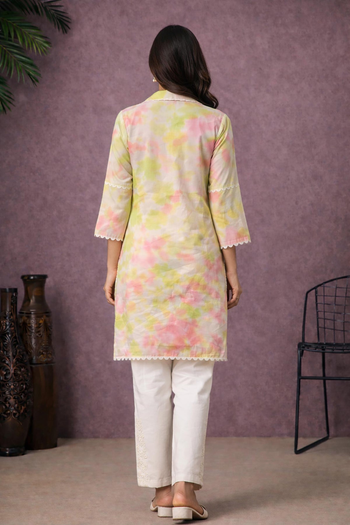 SN259 women’s pastel cotton blend kurta pant set back pose with relaxed straight fit