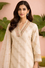 SN260 women’s ivory silk blend kurta set closeup showing V-neck floral embroidery and long sleeves