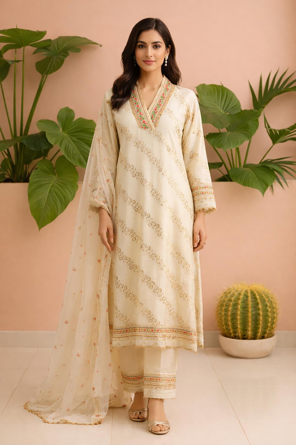 SN260 women’s ivory silk blend kurta set front pose with long sleeves, V-neckline and floral embroidery