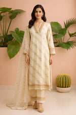 SN260 women’s ivory silk blend kurta set front pose with long sleeves, V-neckline and floral embroidery
