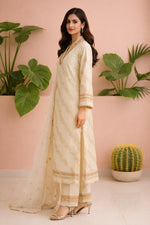 SN260 women’s ivory silk blend kurta set side pose with straight fit, long sleeves and embroidered details