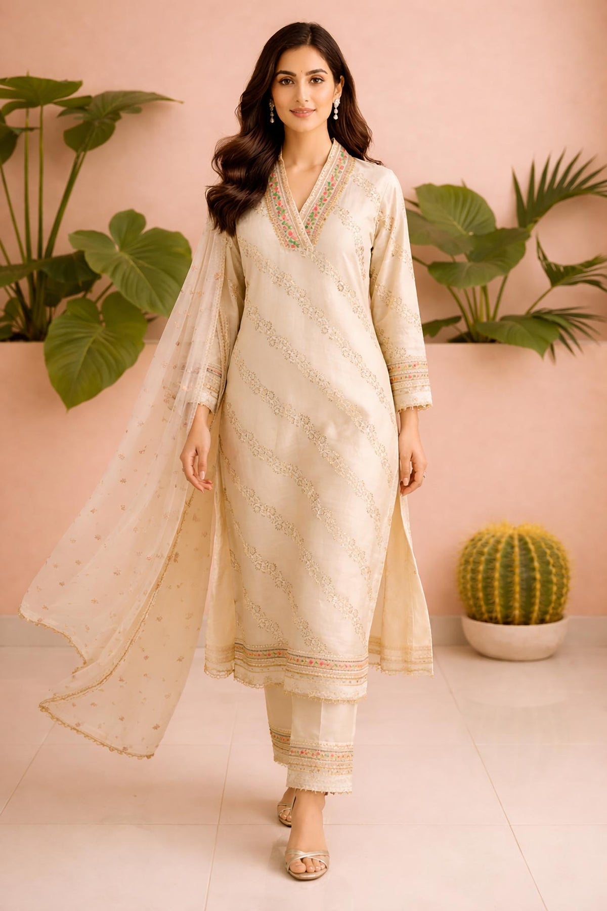 SN260 women’s ivory silk blend kurta set walking pose with V-neck, long sleeves and organza dupatta