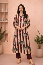 SN261 women’s burgundy rayon kurta pant set front pose with V-neck collar and three-quarter sleeves