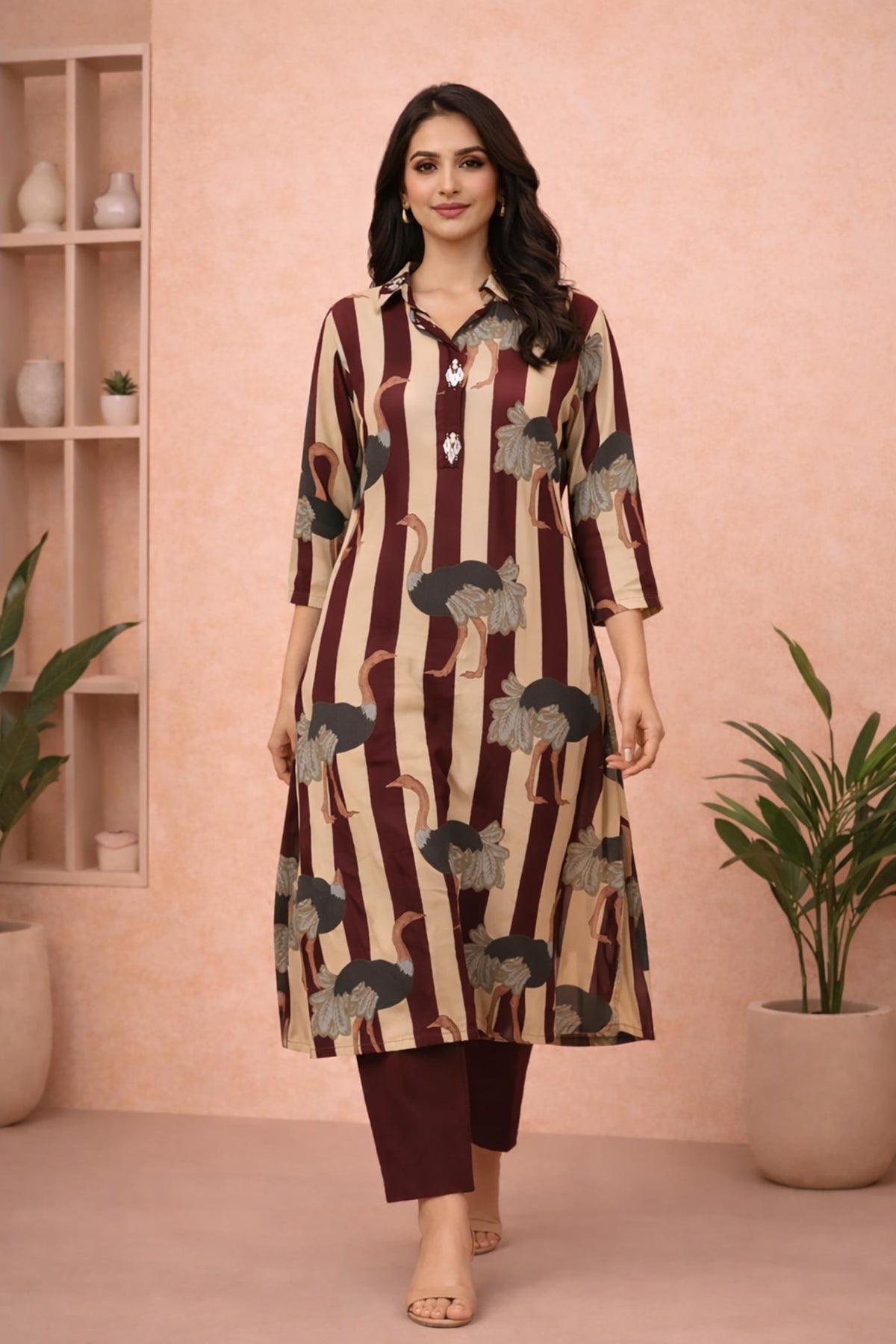 SN261 women’s burgundy rayon kurta pant set walking pose with relaxed straight silhouette