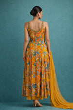 SN262 women’s burnt orange georgette maxi dress back view with sleeveless straps and flowing maxi silhouette