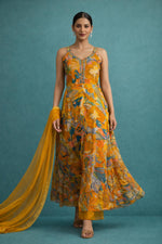 SN262 women’s burnt orange georgette maxi dress walking pose showing flowy hemline and lightweight drape