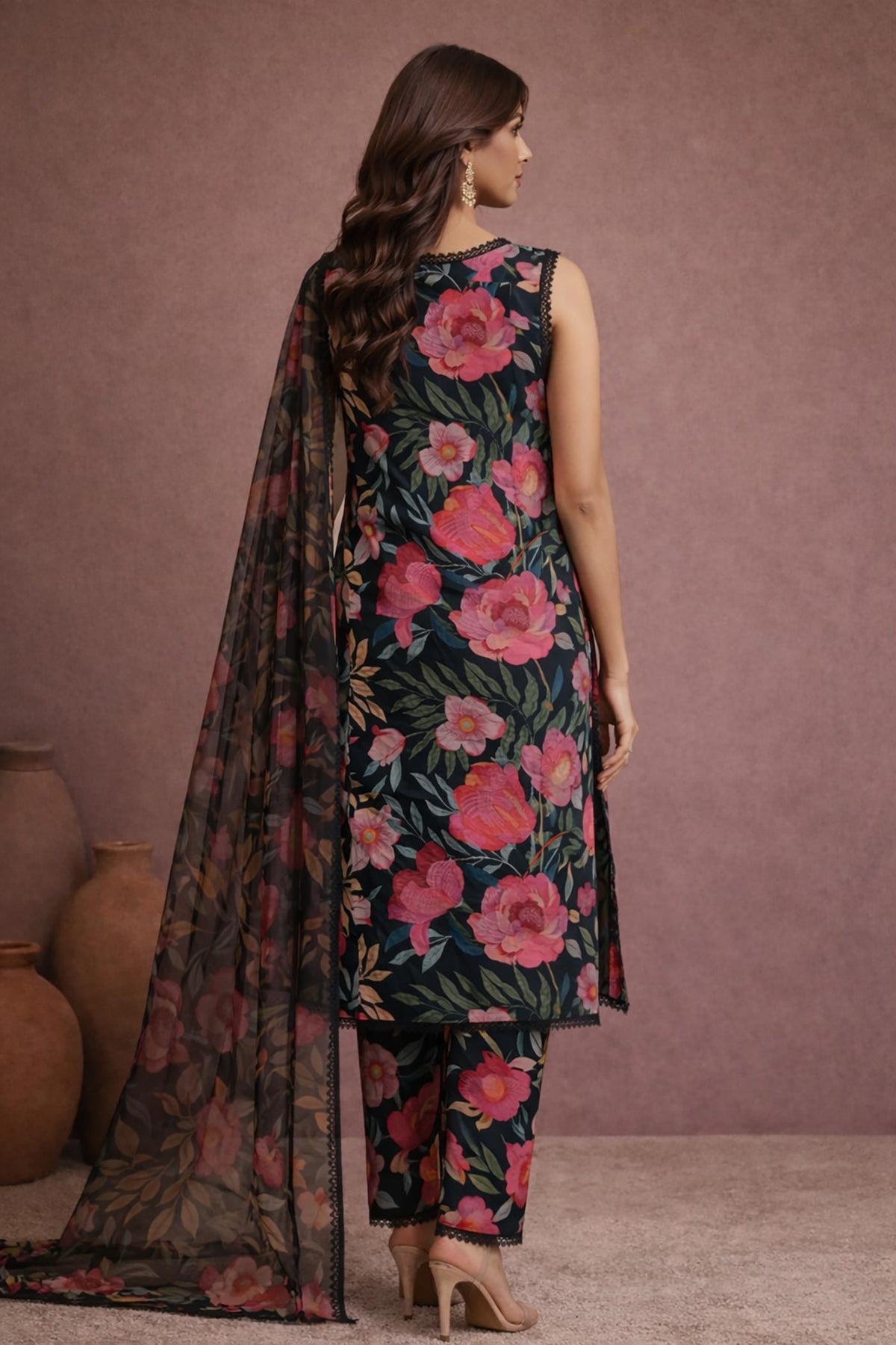 Midnight Bloom Botanical Lawn 3 Piece Suit