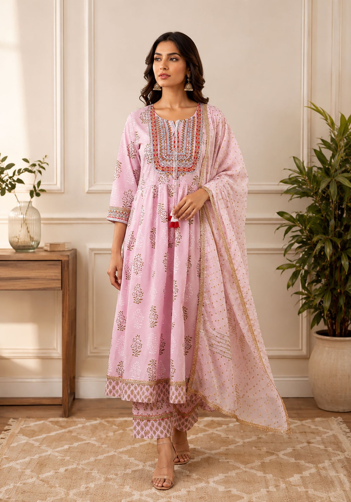 SN265 women’s blush pink cotton kurta set with embroidered yoke and three-quarter sleeves front pose