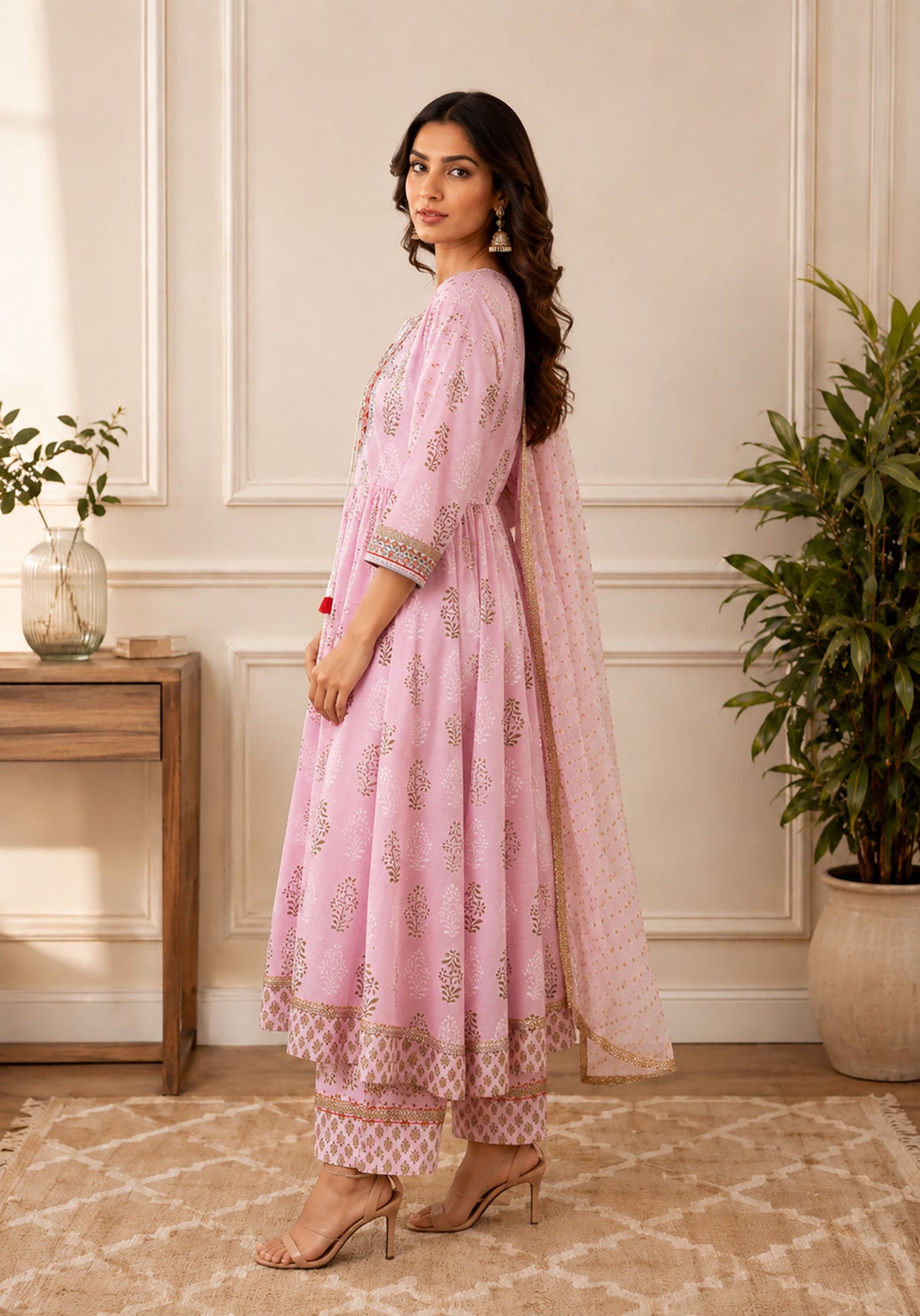 SN265 women’s blush pink cotton kurta set side pose with three-quarter sleeves and printed dupatta