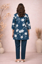 SN268 women’s teal cotton dobby floral co-ord set with floral print and three-quarter sleeves, back pose view