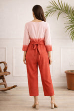 SN27 women’s ombre pink-red jumpsuit back pose with tie waist and relaxed fit