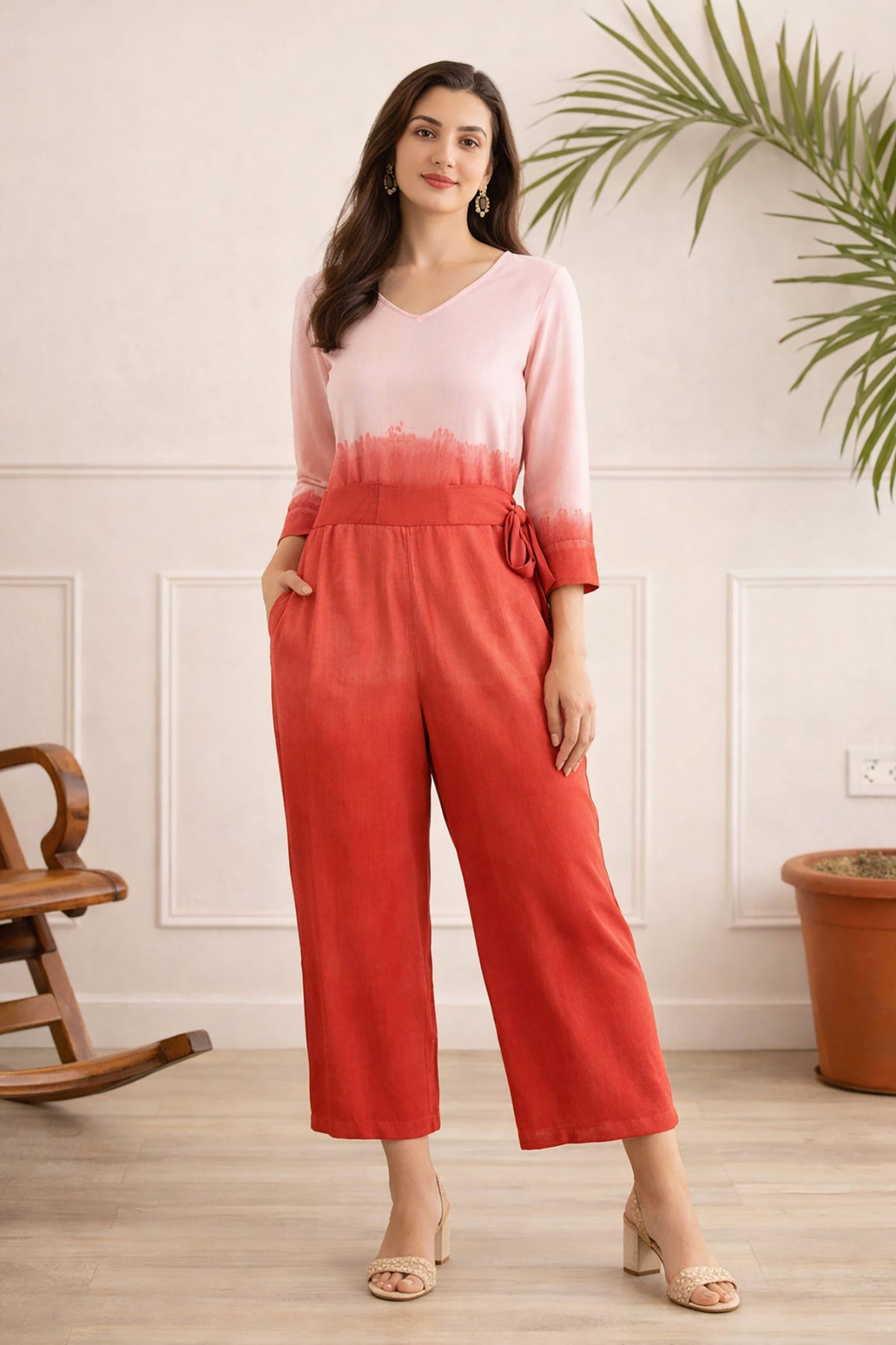 SN27 women’s ombre pink-red jumpsuit front pose with V-neck and wide-leg fit