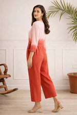 SN27 women’s ombre pink-red jumpsuit side pose with wide-leg silhouette and tie waist
