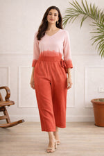 SN27 women’s ombre pink-red jumpsuit walking pose showing natural drape and wide-leg fit