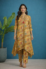 SN271 women’s mustard cotton kurta pant set with embroidered V-neck and three-quarter sleeves front pose