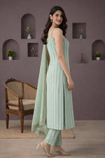 SN272 women’s mint green cotton blend striped kurta pant set sleeveless square neck side pose