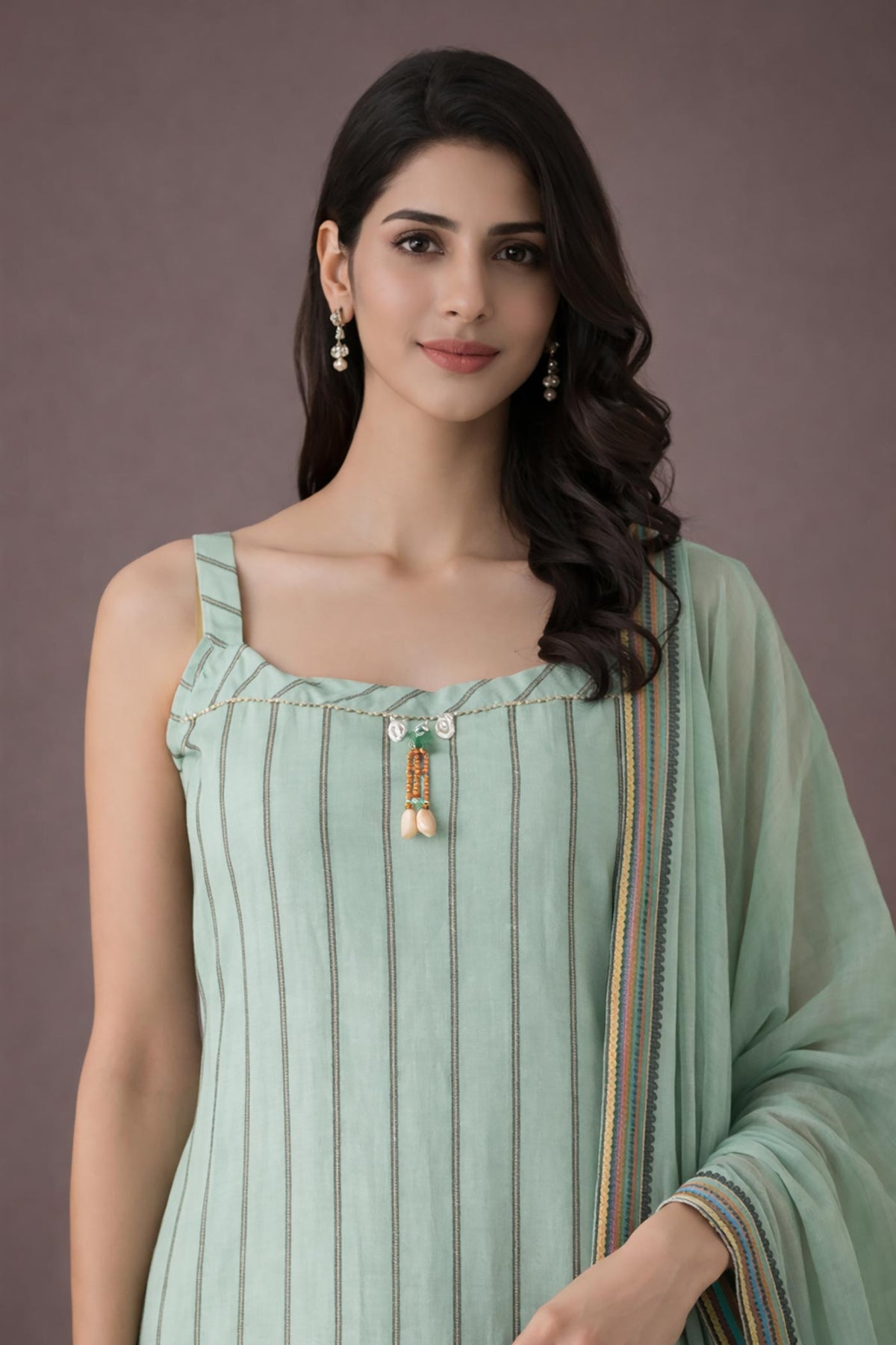 SN272 women’s mint green cotton blend striped kurta with square neckline and metallic stripe detail closeup