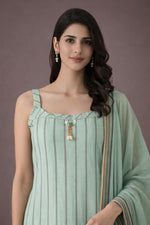 SN272 women’s mint green cotton blend striped kurta with square neckline and metallic stripe detail closeup
