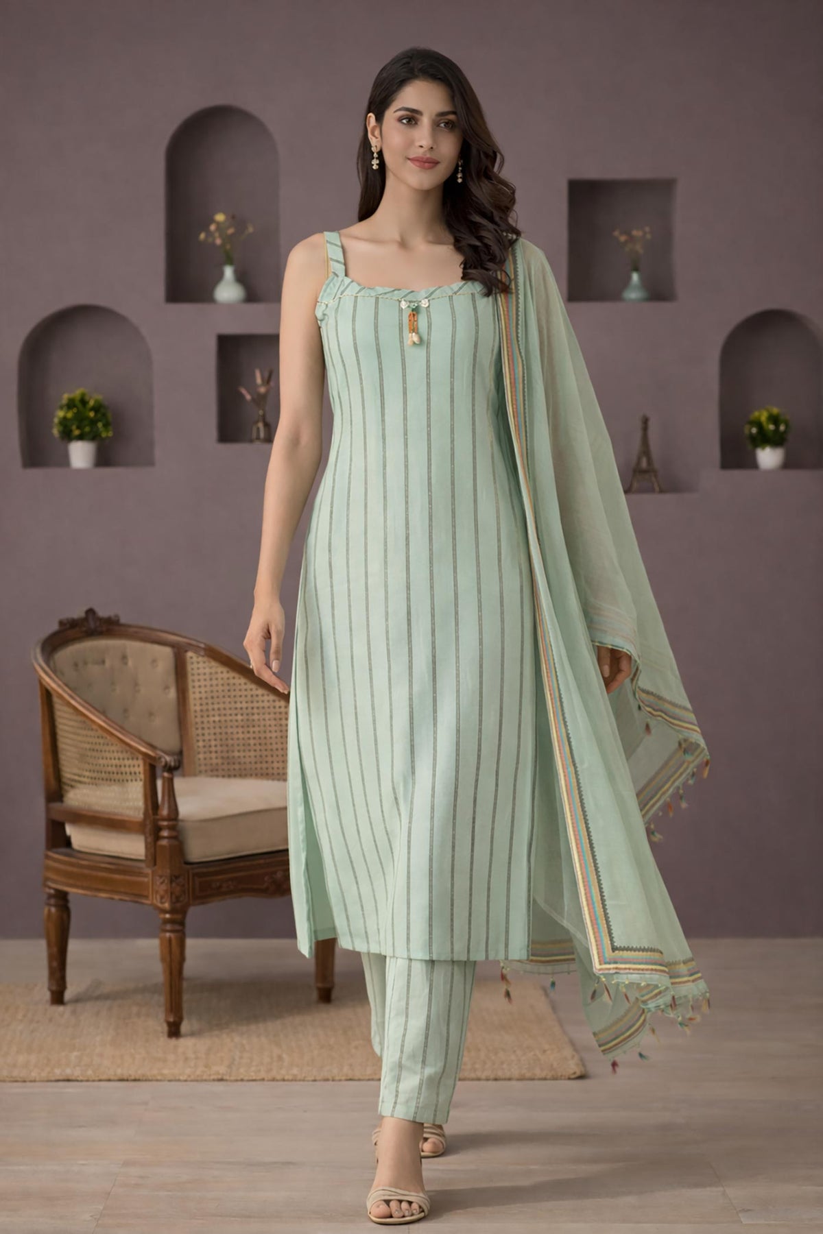 SN272 women’s mint green cotton blend striped kurta pant set with dupatta walking pose