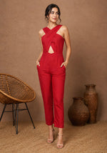 SN28 women’s red crisscross neck sleeveless jumpsuit front pose with tapered ankle-length fit