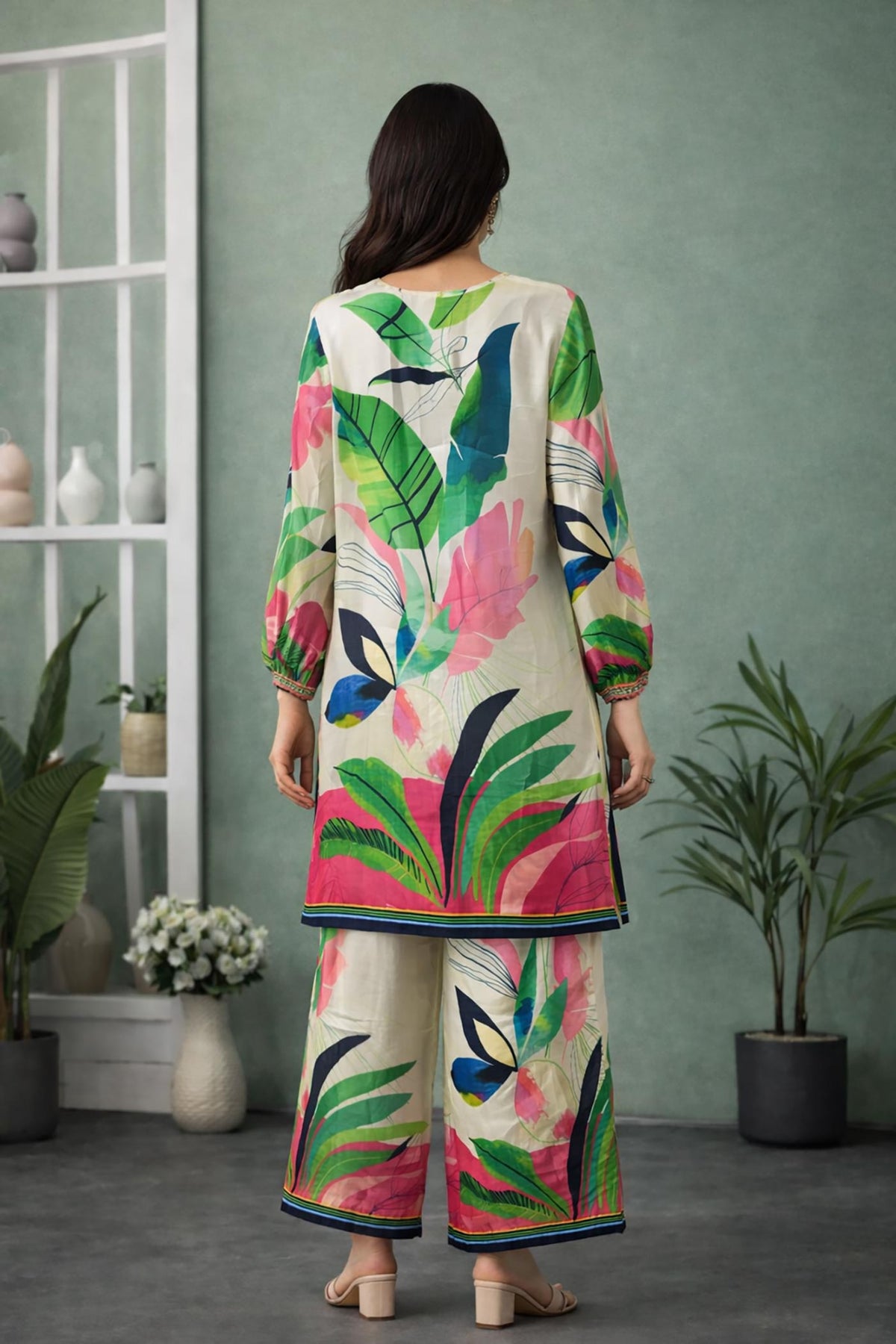 SN286 women’s ivory modal satin kurta palazzo set with long sleeves and tropical print, back pose
