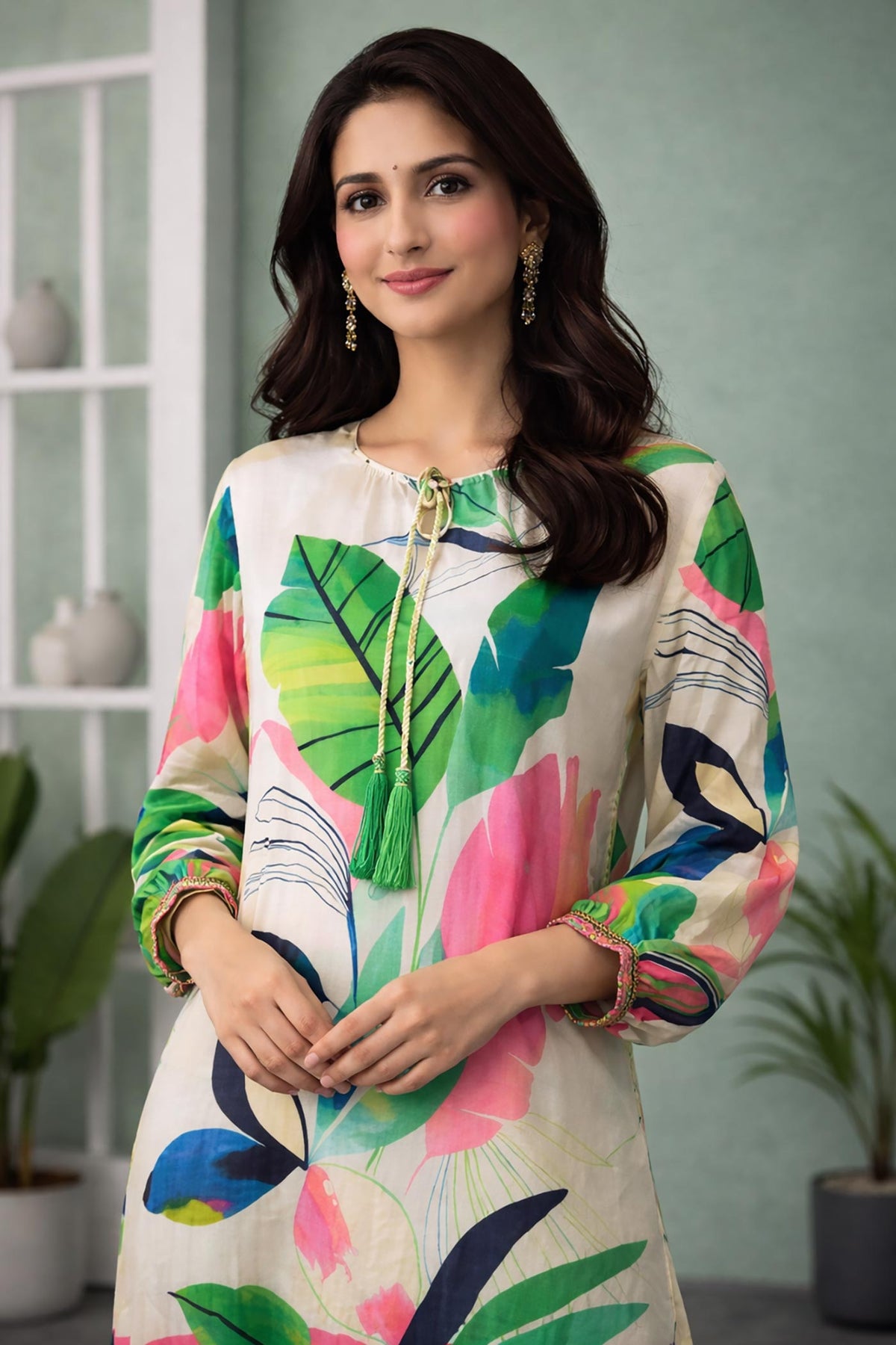 SN286 women’s ivory modal satin kurta with long sleeves and tie-up neckline, tropical print closeup