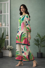 SN286 women’s ivory modal satin kurta palazzo set with long sleeves and relaxed fit, side pose
