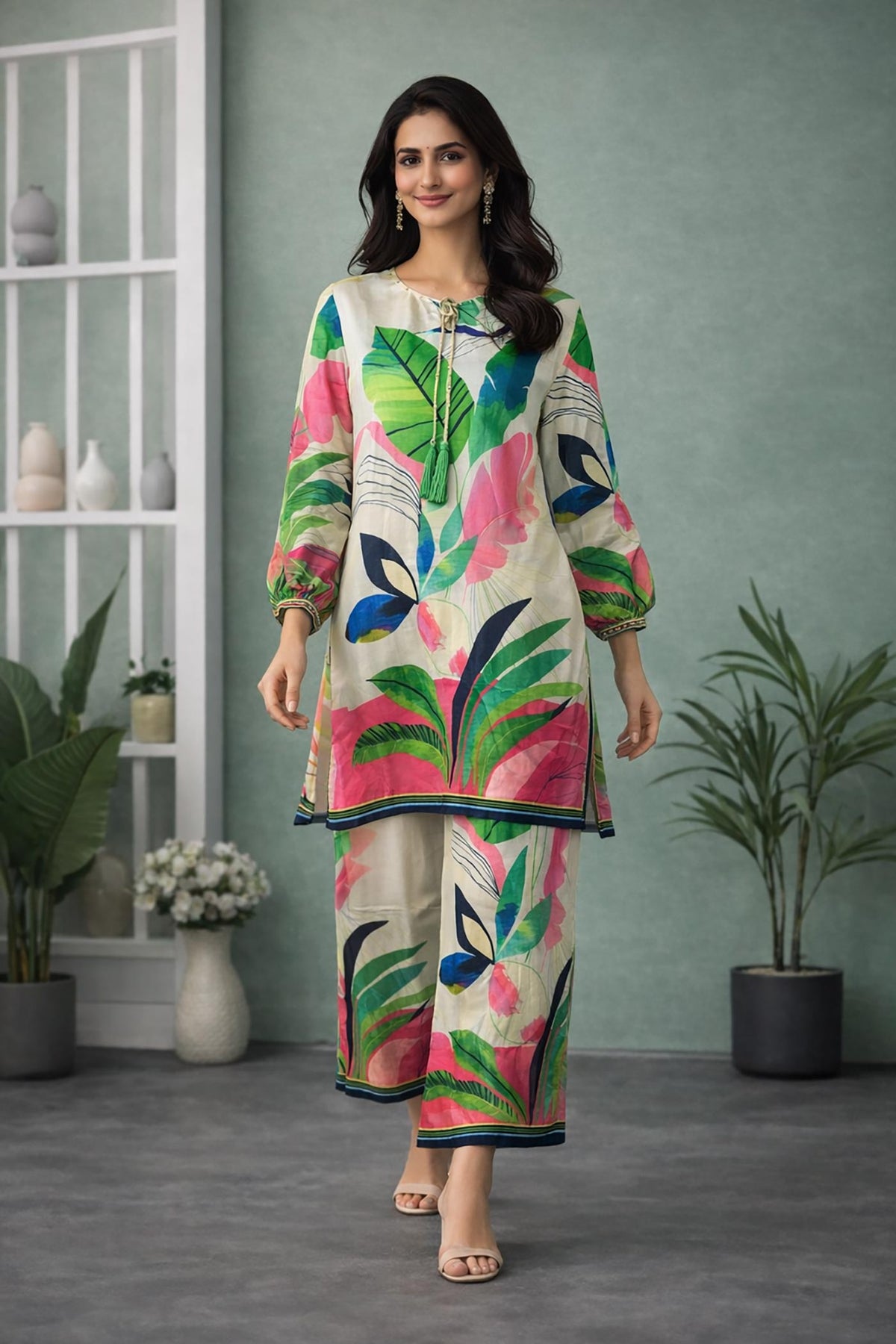 SN286 women’s ivory modal satin kurta palazzo set with tropical print and long sleeves, walking pose