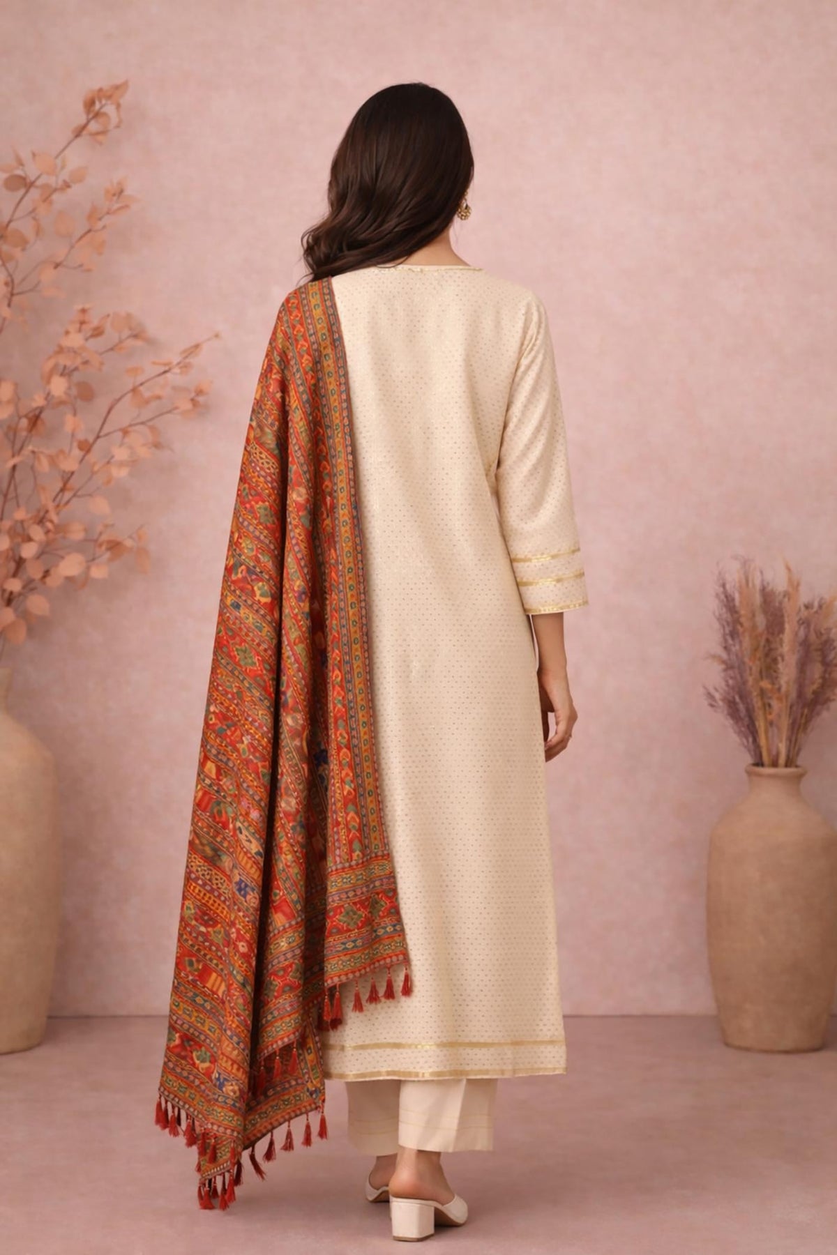 SN287 women’s ivory cotton dobby kurta set with straight silhouette and printed dupatta back view