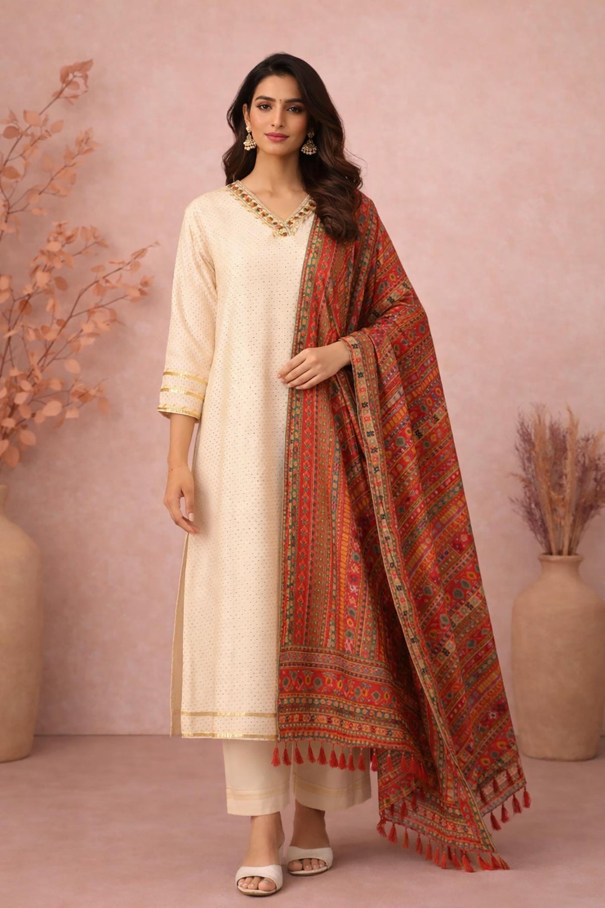 SN287 women’s ivory cotton dobby kurta set with V-neck, three-quarter sleeves and printed dupatta front view