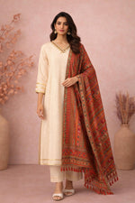 SN287 women’s ivory cotton dobby kurta set with V-neck, three-quarter sleeves and printed dupatta front view