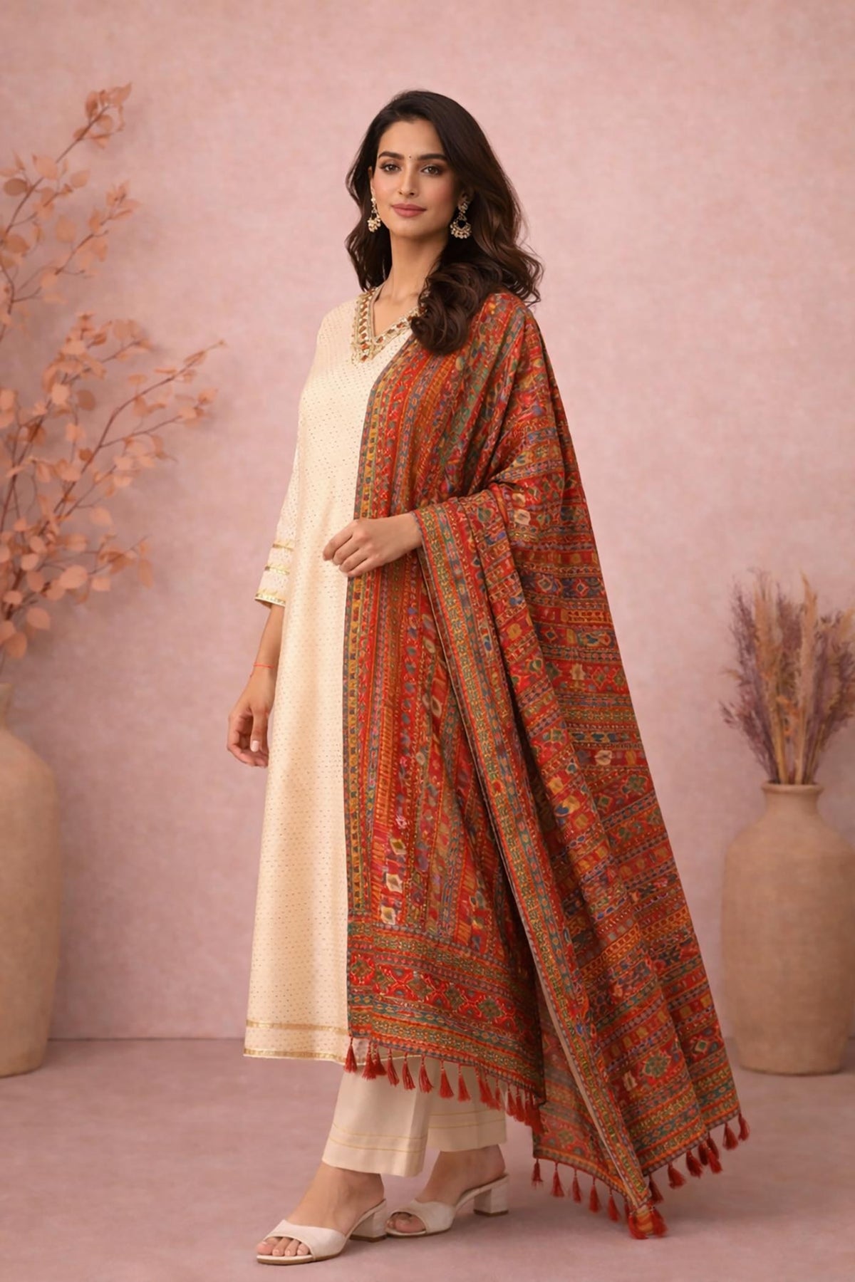 SN287 women’s ivory cotton dobby kurta set with V-neck and folk print dupatta side profile view