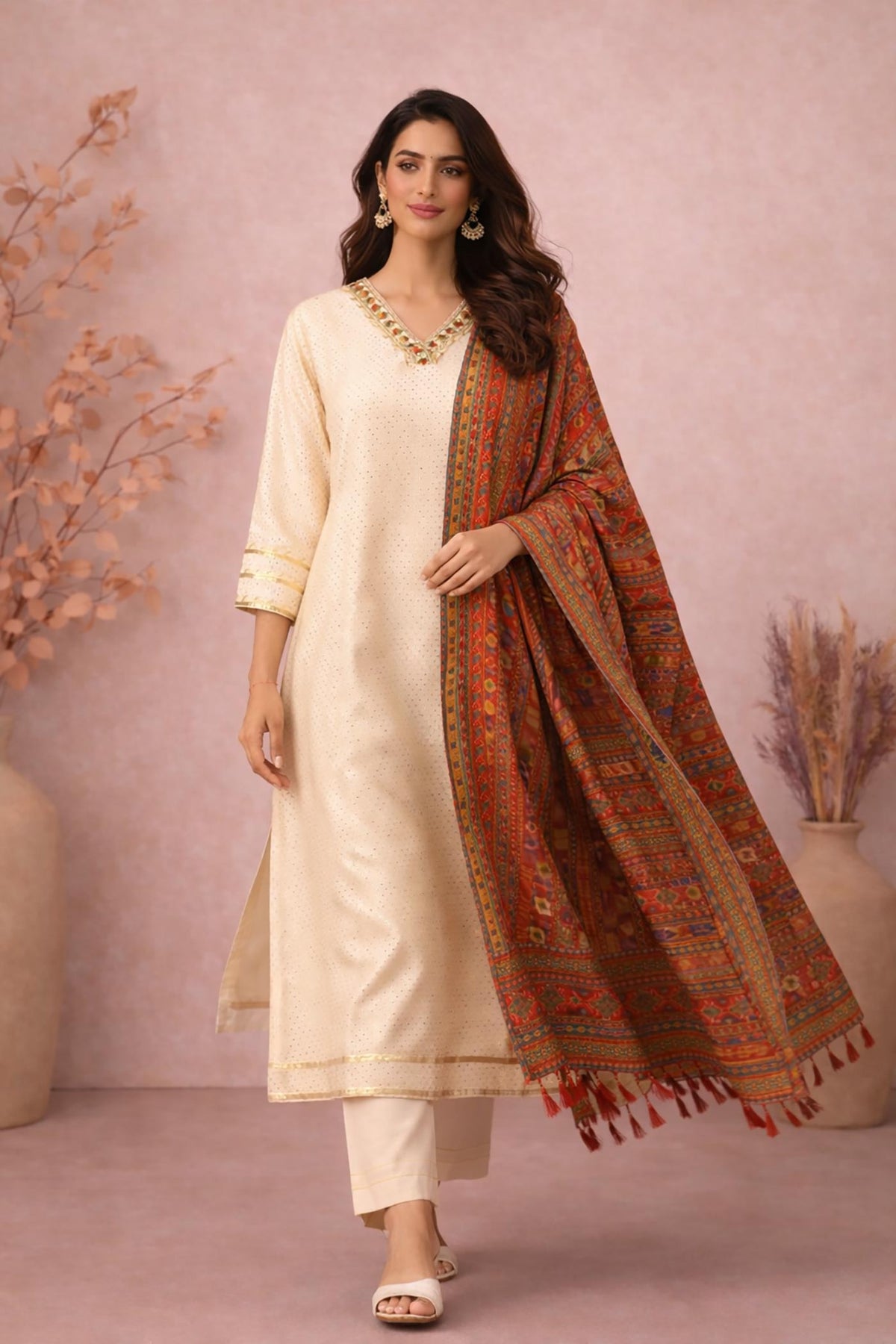 SN287 women’s ivory cotton dobby kurta set with printed dupatta and straight fit walking pose