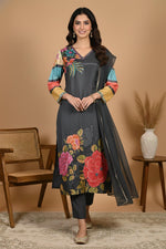 SN288 women’s floral kurta set with dupatta in walking pose, long sleeves and V-neck design