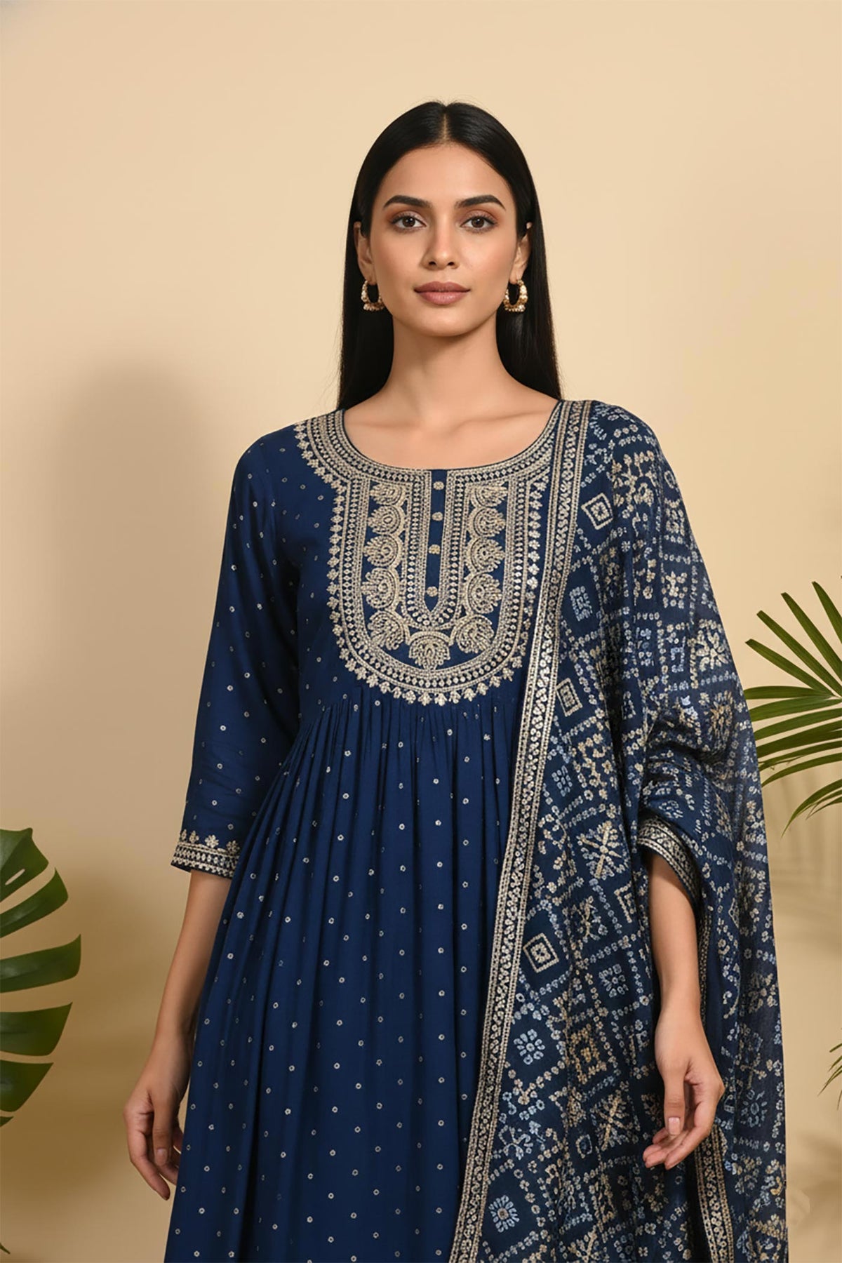 SN289 women’s navy blue embroidered kurta set with detailed yoke embroidery closeup pose