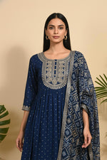 SN289 women’s navy blue embroidered kurta set with detailed yoke embroidery closeup pose