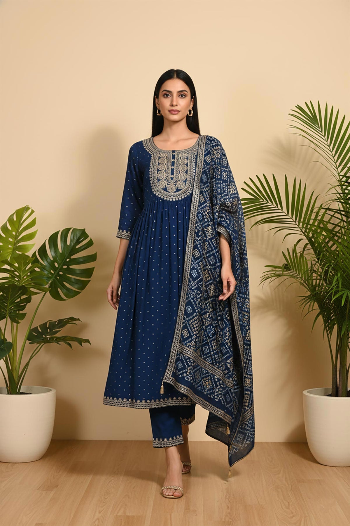 SN289 women’s navy blue embroidered kurta set with three-quarter sleeves and chevron dupatta front pose