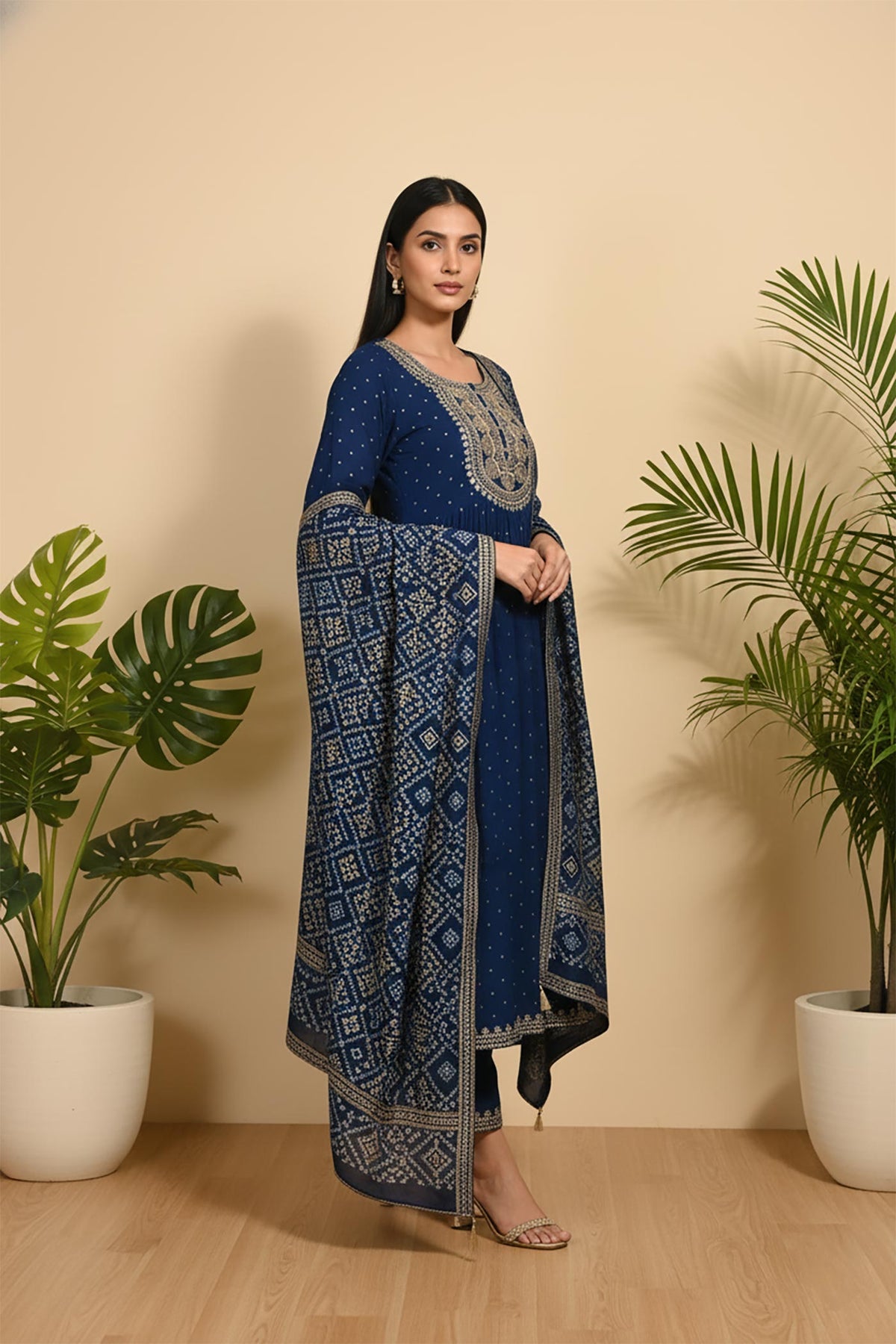 SN289 women’s navy blue long sleeve embroidered kurta set with printed dupatta side pose