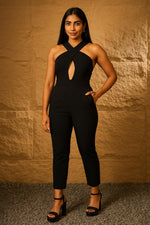SN29 women’s black crisscross halter neck jumpsuit with keyhole front and tapered fit, front pose